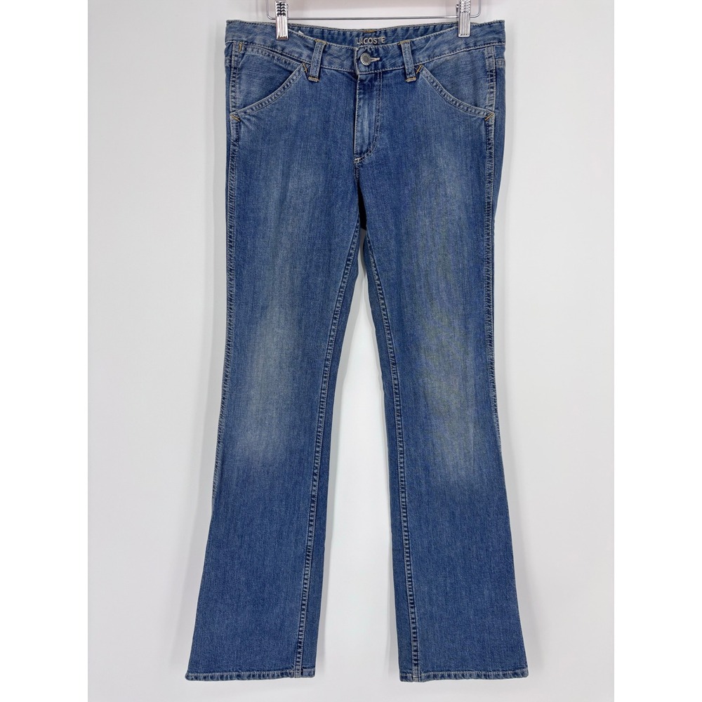 VTG Y2K Lacoste Low Rise Bootcut Denim Jeans Womens 32 Blue Logo Embroidered